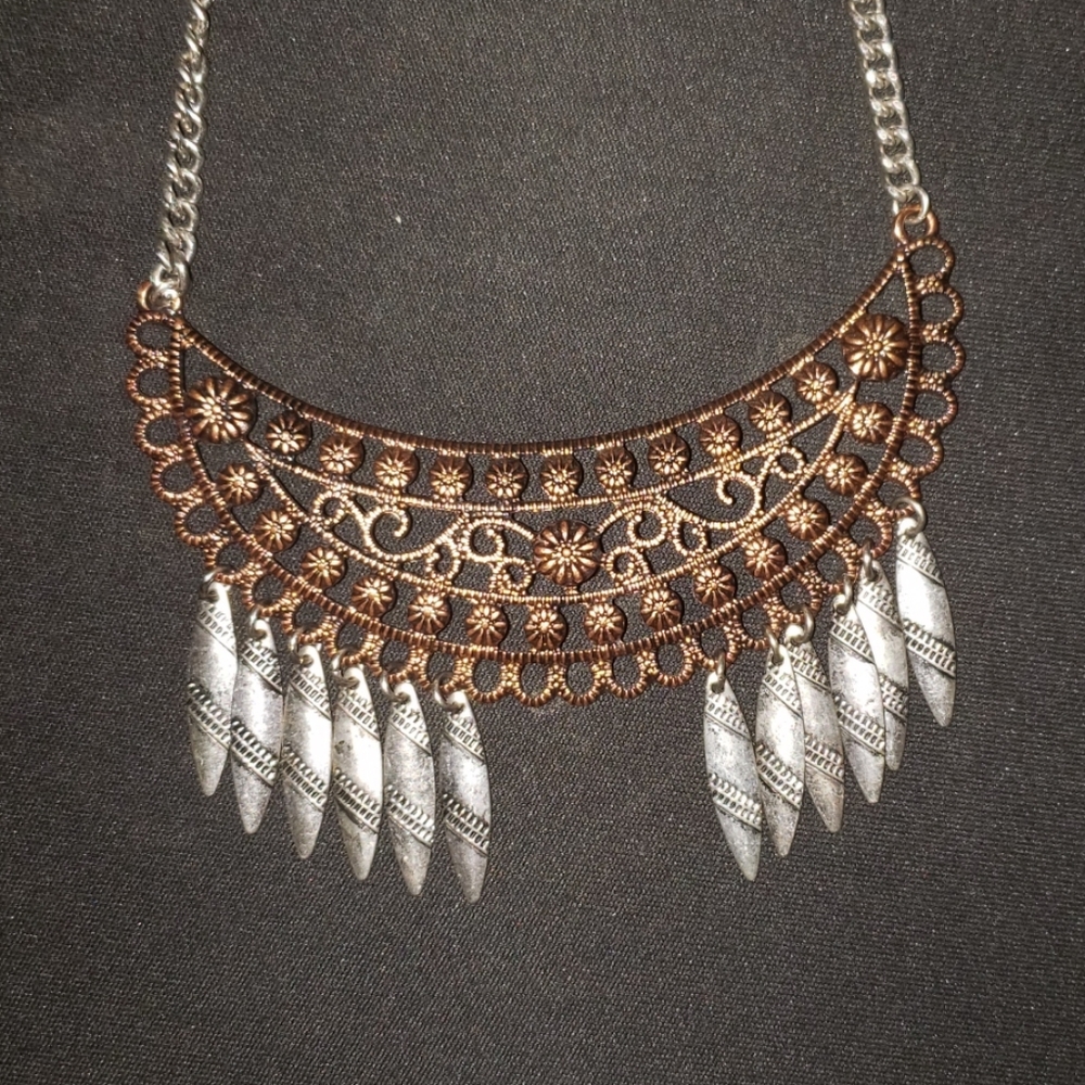 Copper and silver floral necklace